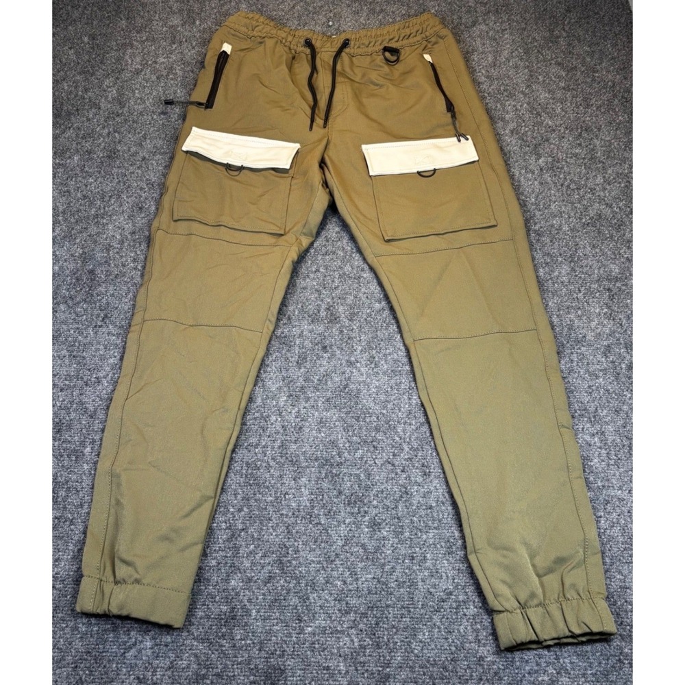 ROCK SALT Men Khaki Cargo Jogger Pants Elastic‎ Waist Drawstring Pockets Size M